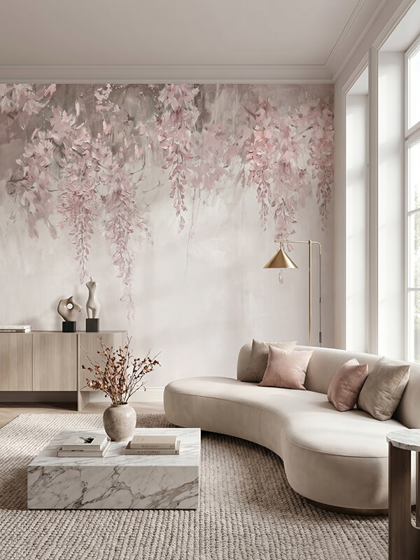 tapet-petal-muse-sufragerie-flori roz-wallpaper-livingroom-pink flowers